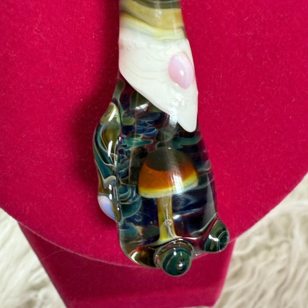Handmade Artisan Blown Glass Gnome with Mushroom in Stomach Adjustable Necklace